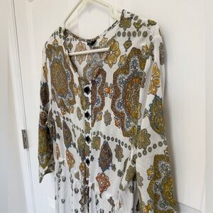 Boho Paisley Print Maxi Dress Button Front -Flowy Long Sleeve - XL